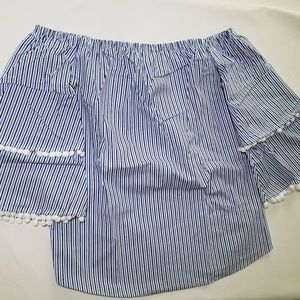 Blouse - Blue, White & Black Off-Shoulder